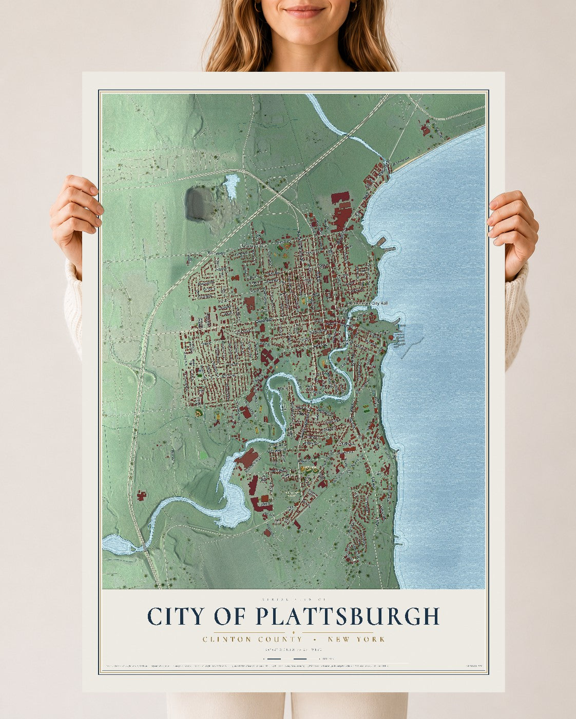 Plattsburgh, New York map print, 24" x 36" Archival Matte Print mockup