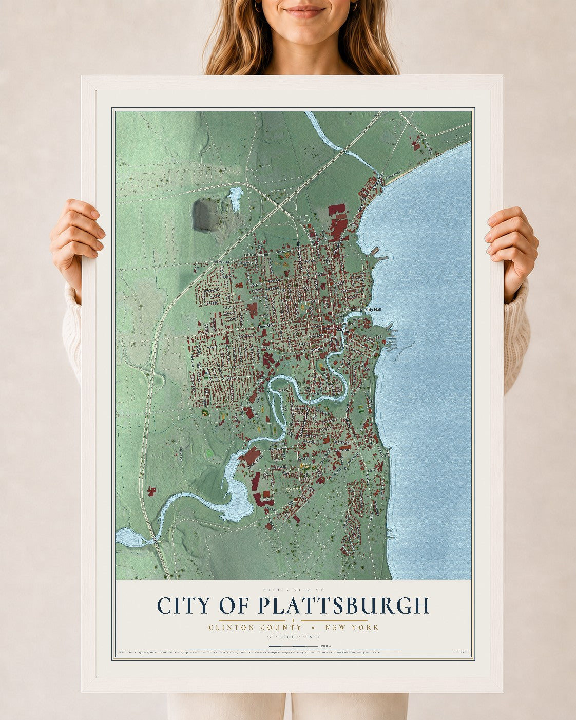 Plattsburgh, New York map print, 24" x 36" W/ White Ayous Wood Frame mockup