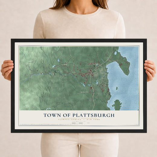 Map of the Town of Plattsburgh, Clinton County, New York, 12 x 18 inch print in a black wood frame