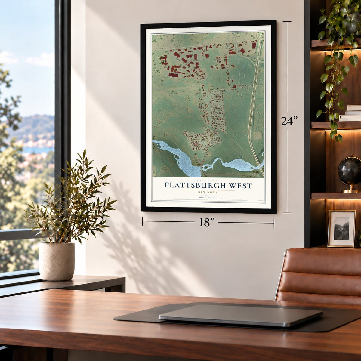 Plattsburgh West, New York map, 18 x 24 inch print in a black frame in a home office