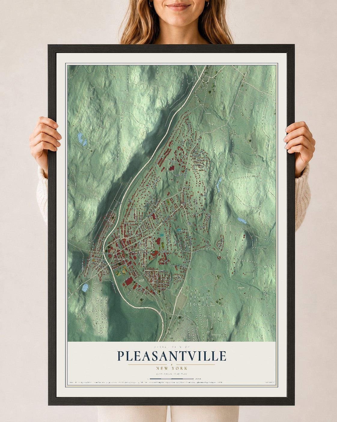 Pleasantville, New York map print, 24" x 36" W/ Black Ayous Wood Frame mockup