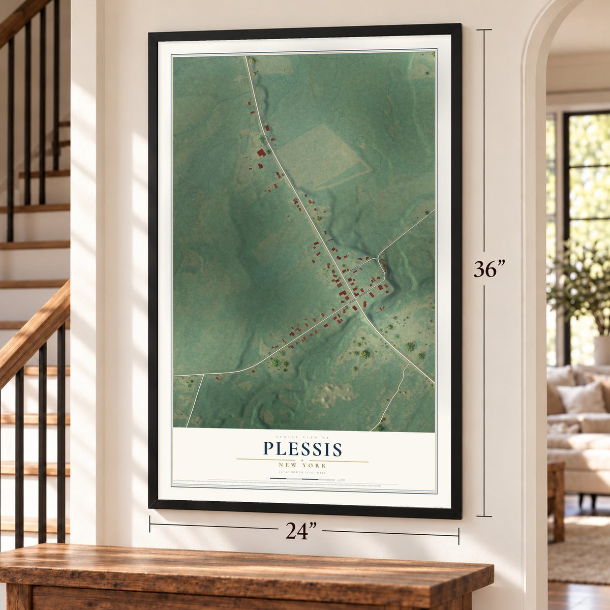 Plessis, New York map, 24 x 36 inch print in a black frame by a staircase