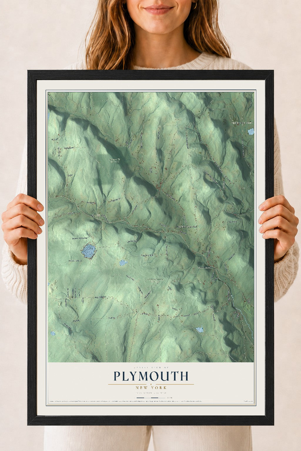 Plymouth, New York map print, 18" x 24" W/ Black Ayous Wood Frame mockup
