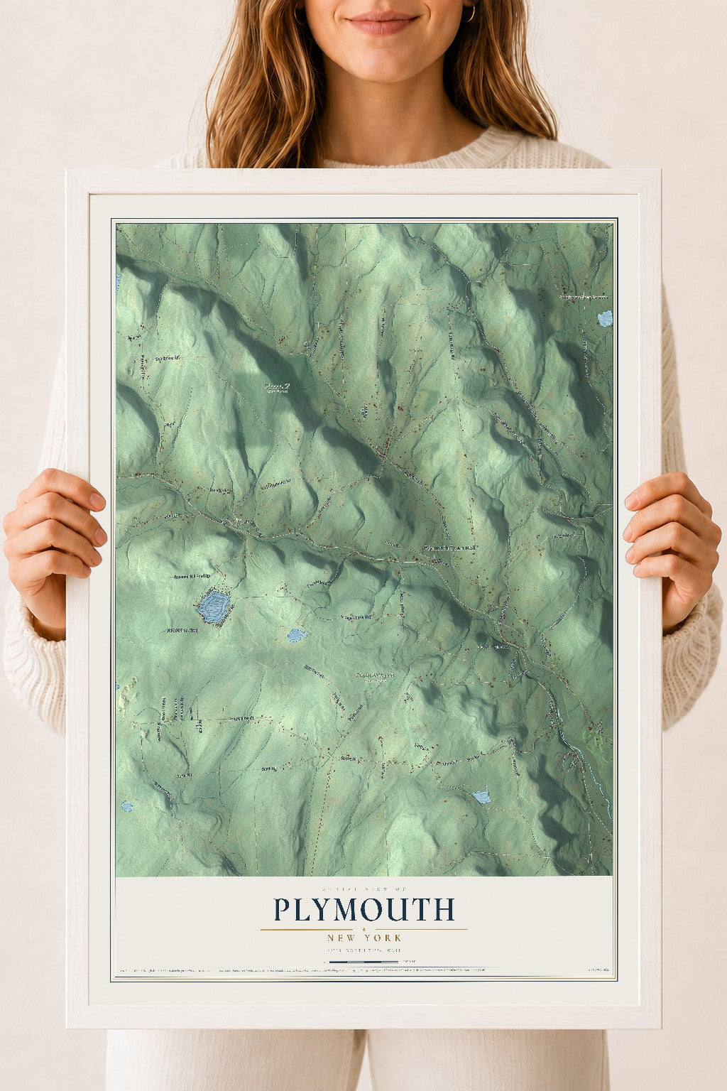Plymouth, New York map print, 18" x 24" W/ White Ayous Wood Frame mockup