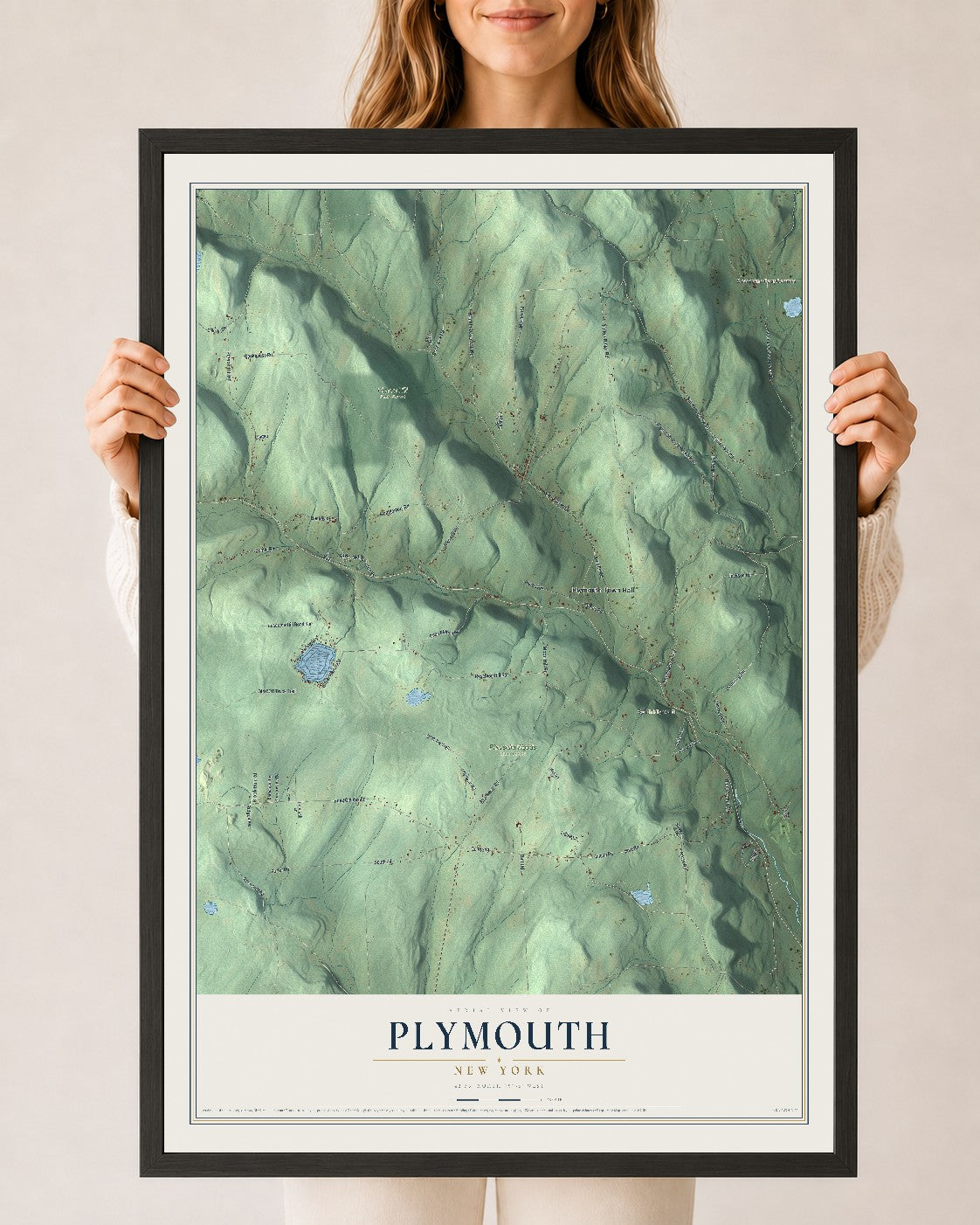 Plymouth, New York map print, 24" x 36" W/ Black Ayous Wood Frame mockup