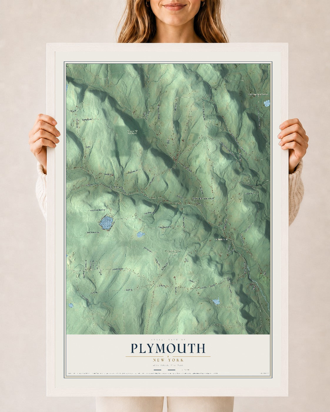 Plymouth, New York map print, 24" x 36" W/ White Ayous Wood Frame mockup