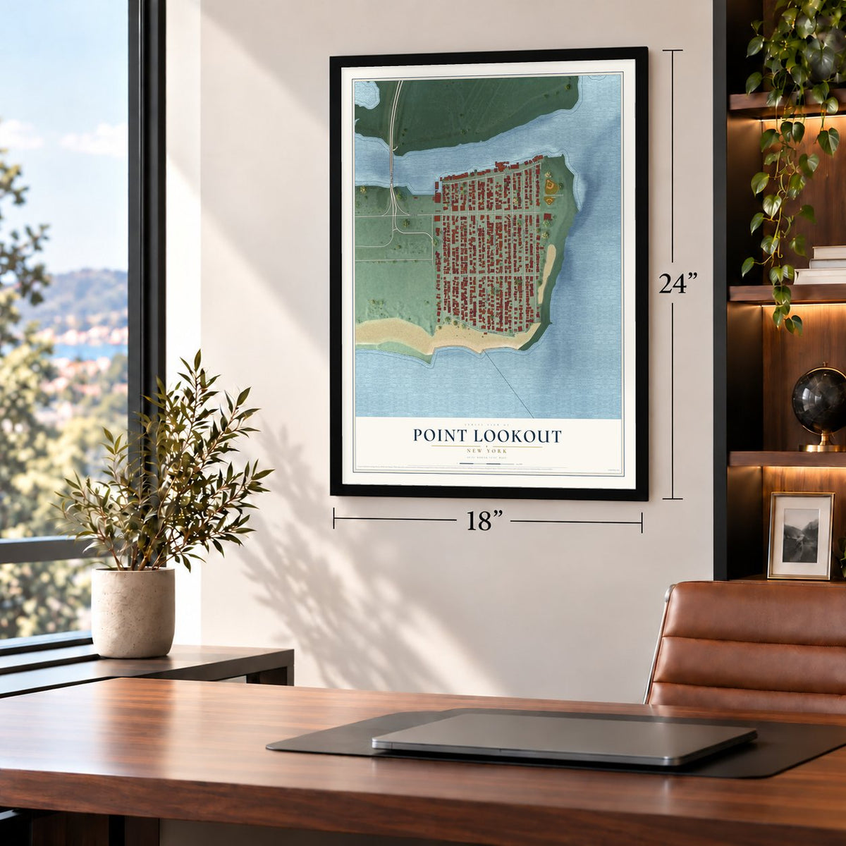 Point Lookout, New York map, 18 x 24 inch print in a black frame in a home office
