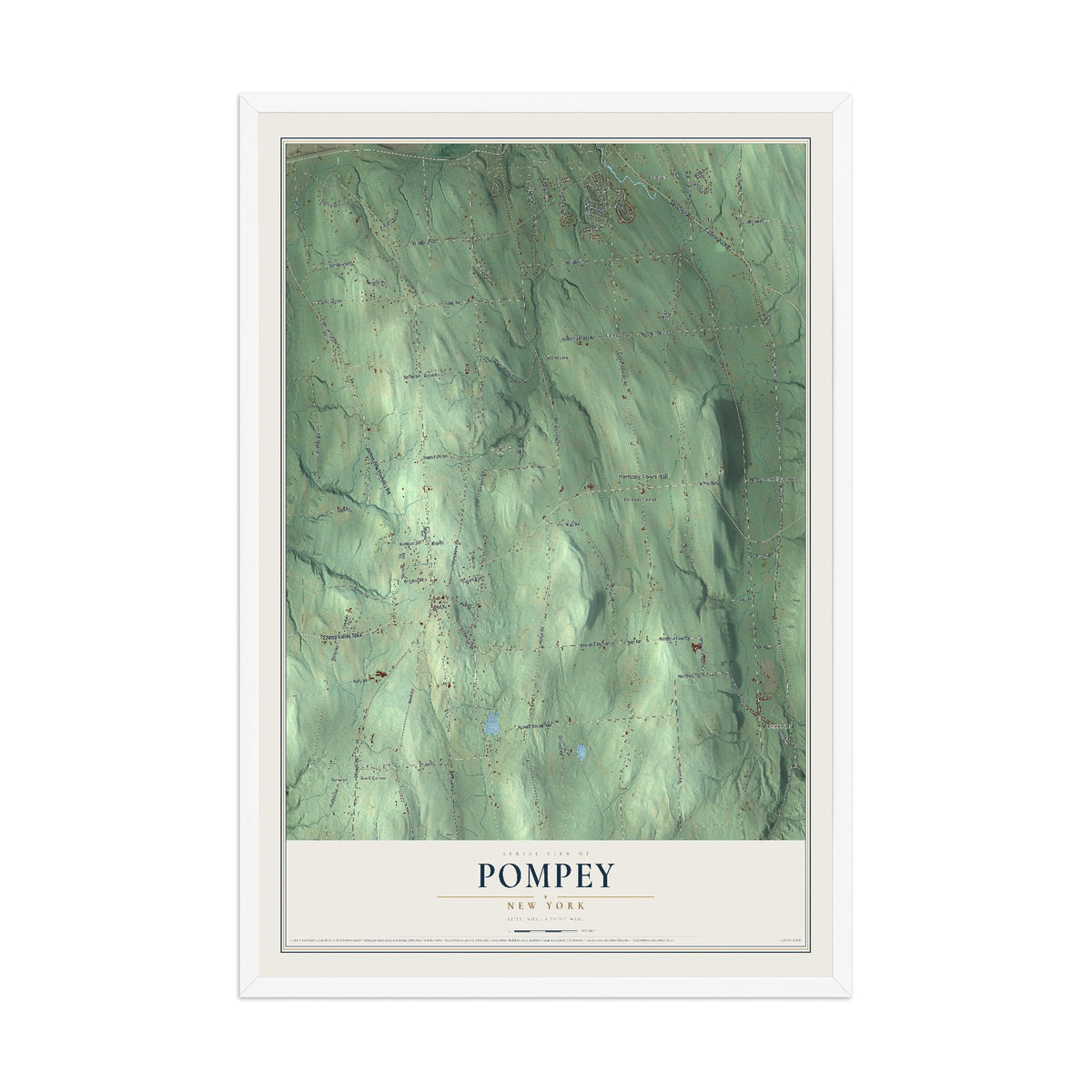 Pompey, New York map print, 12" x 18" W/ White Ayous Wood Frame mockup