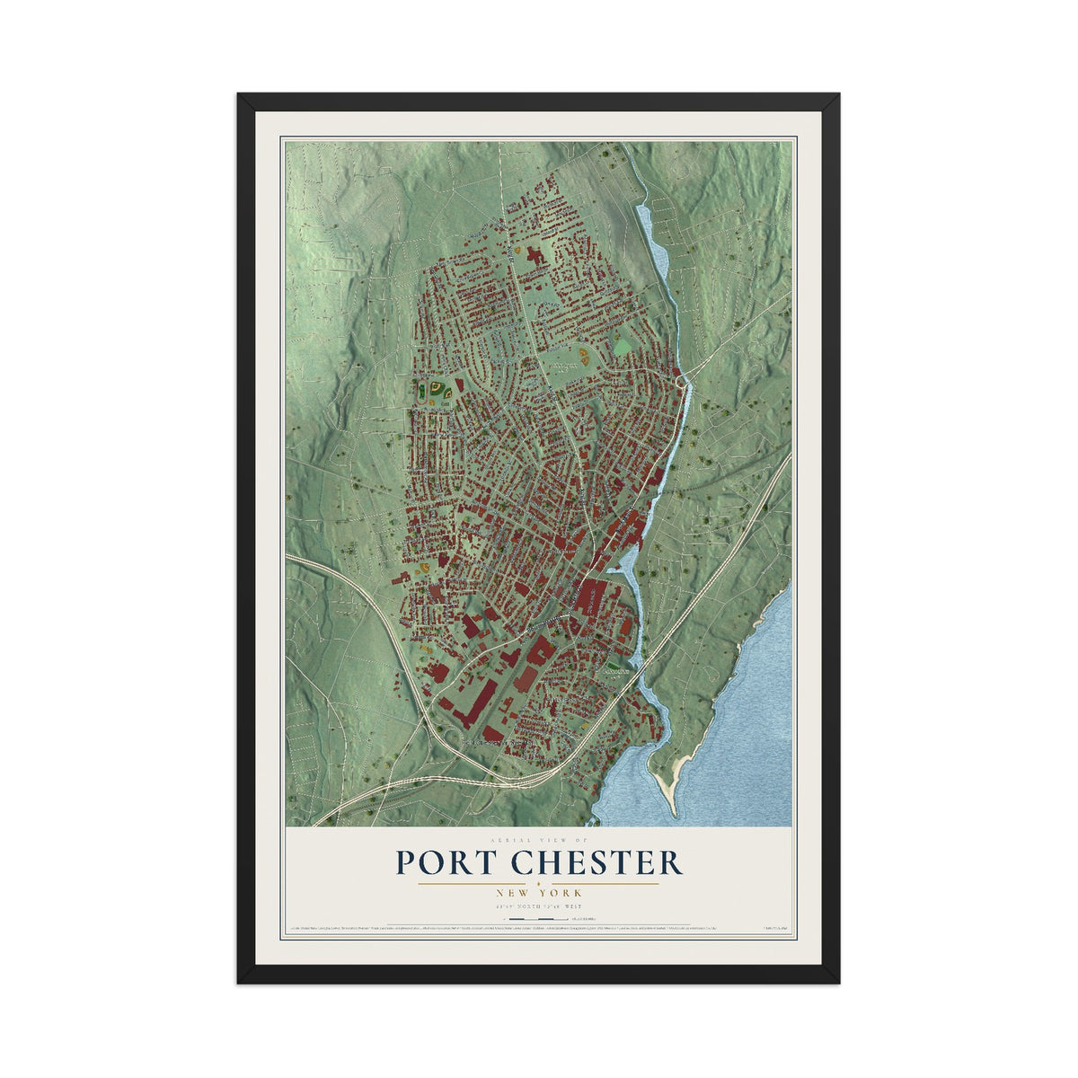 Map of Port Chester, New York, 12 x 18 inch print in a black wood frame