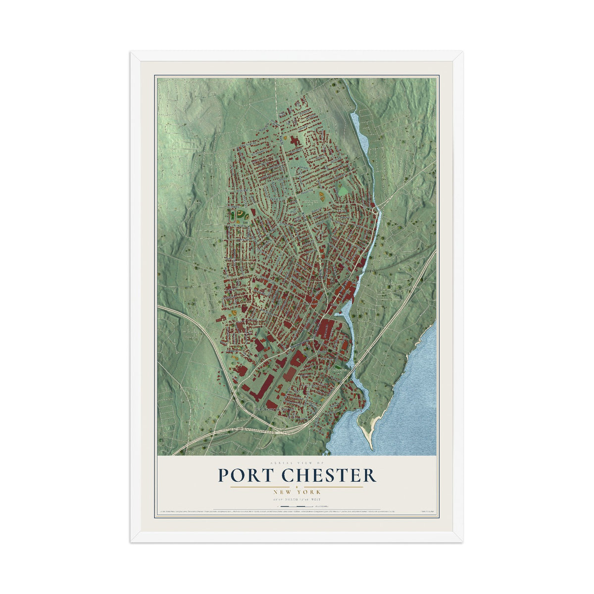 Map of Port Chester, New York, 12 x 18 inch print in a white wood frame