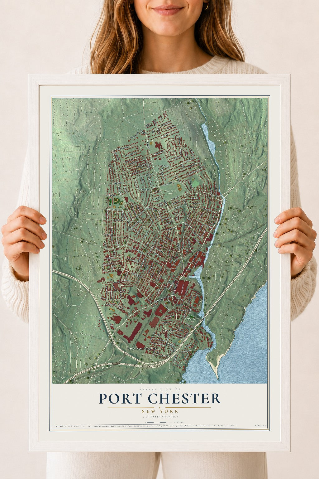 Map of Port Chester, New York, 18 x 24 inch print in a white wood frame