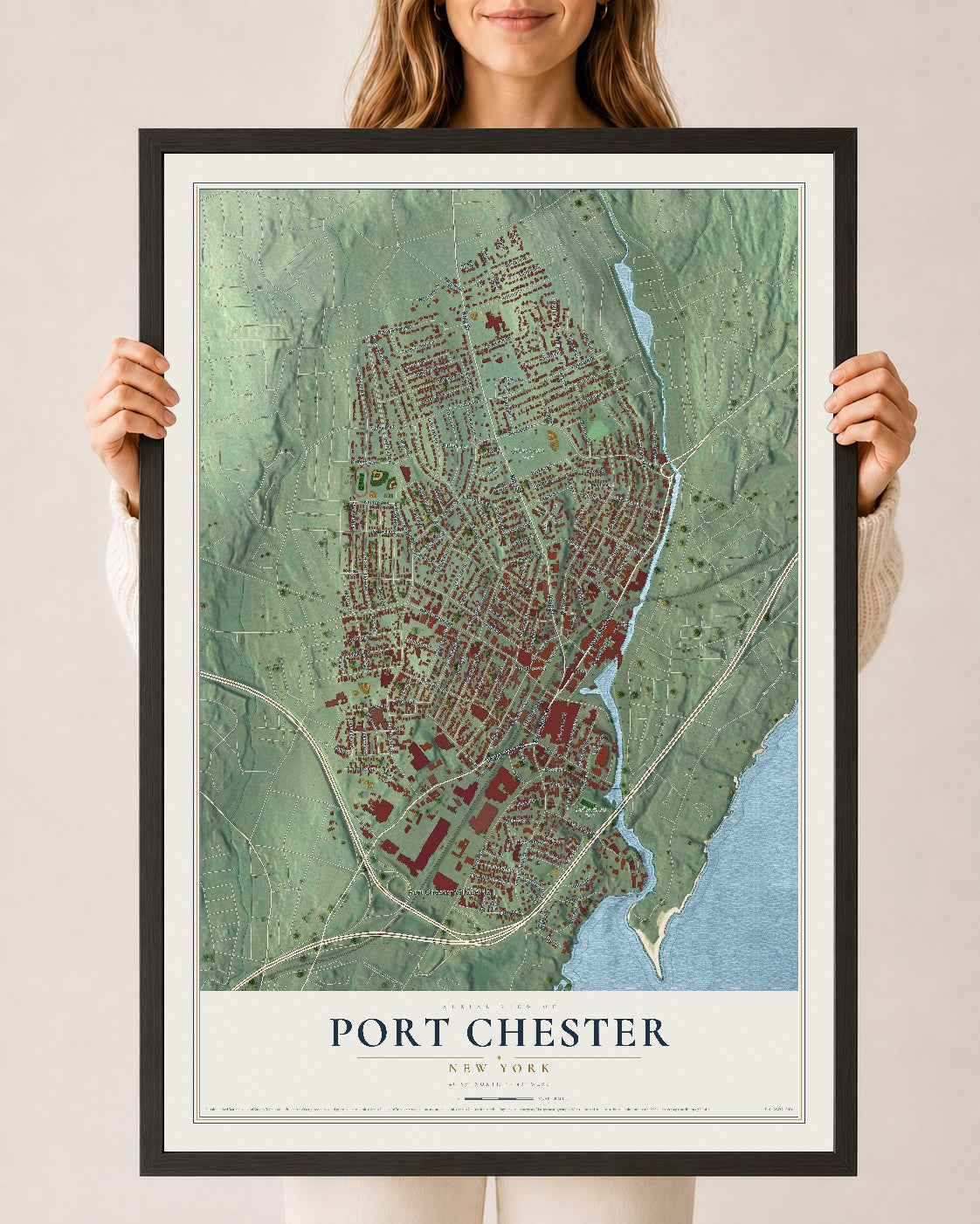 Map of Port Chester, New York, 24 x 36 inch print in a black wood frame