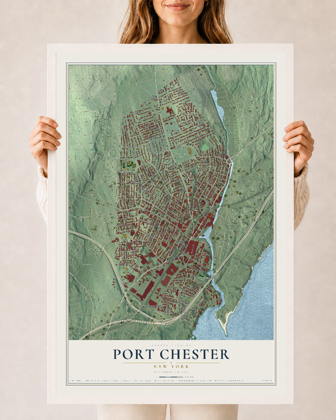 Map of Port Chester, New York, 24 x 36 inch print in a white wood frame