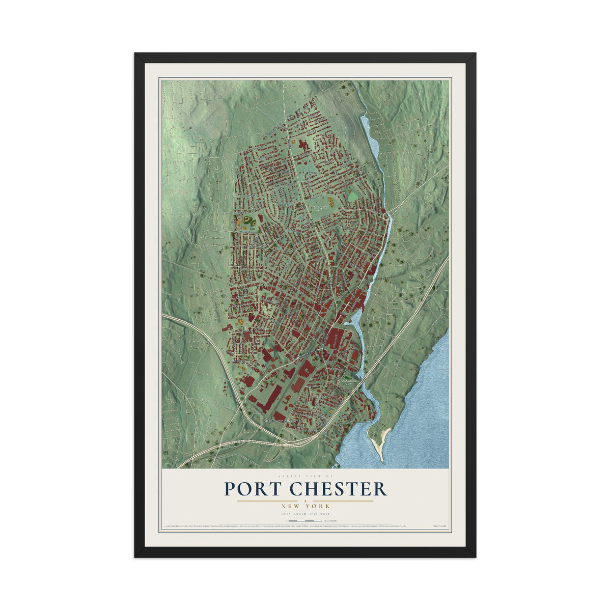 Port Chester, New York map print, 12" x 18" W/ Black Ayous Wood Frame mockup