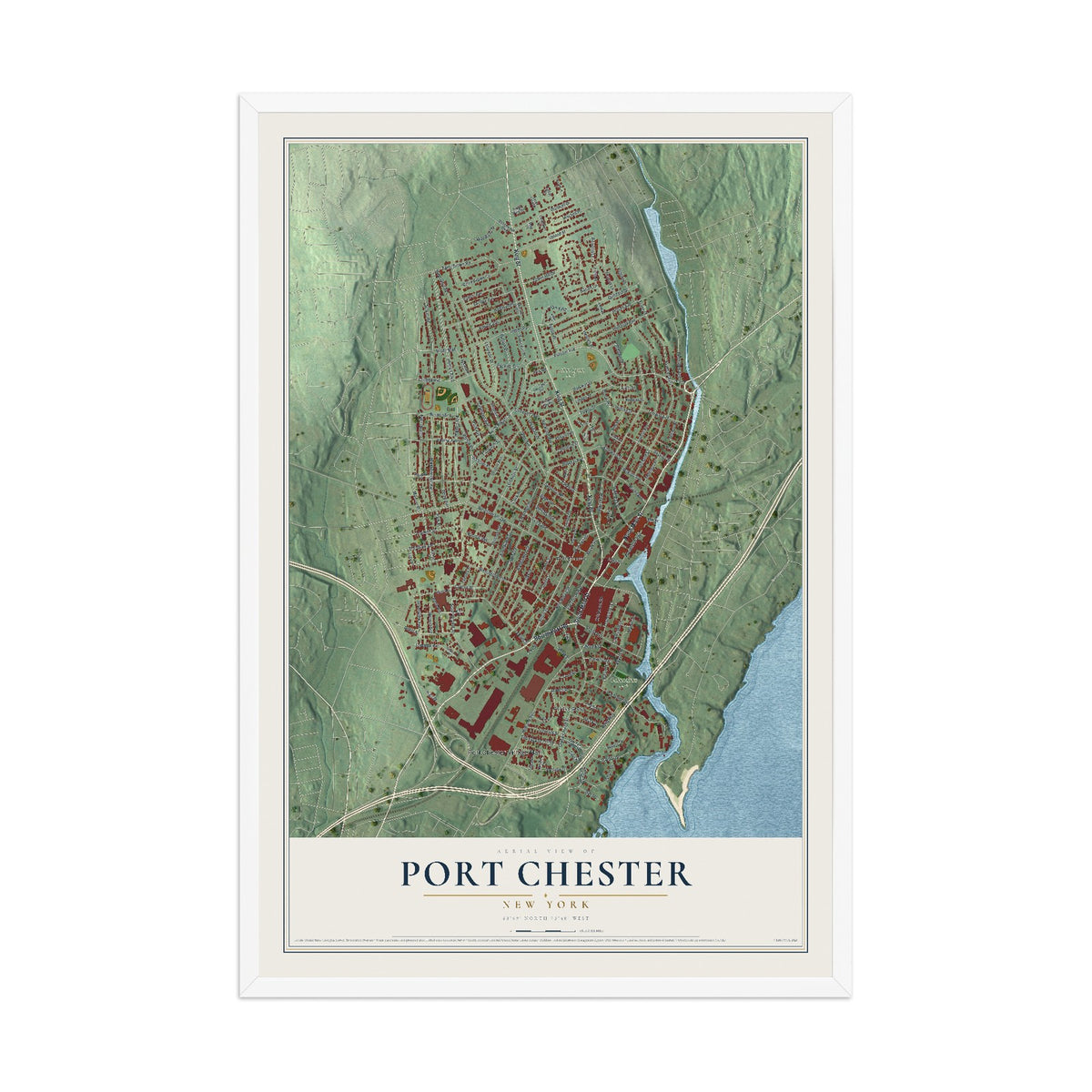Port Chester, New York map print, 12" x 18" W/ White Ayous Wood Frame mockup