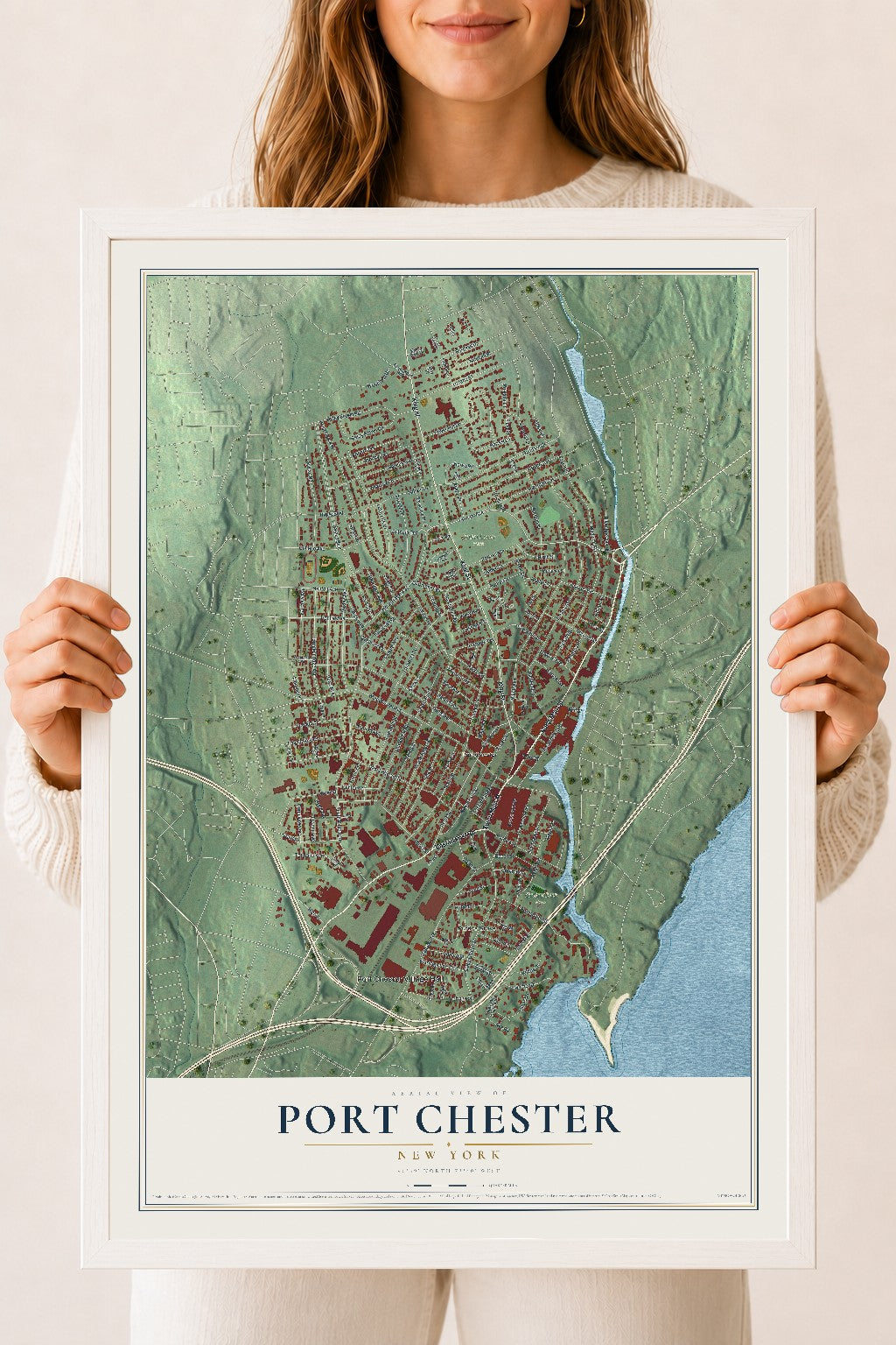 Port Chester, New York map print, 18" x 24" W/ White Ayous Wood Frame mockup