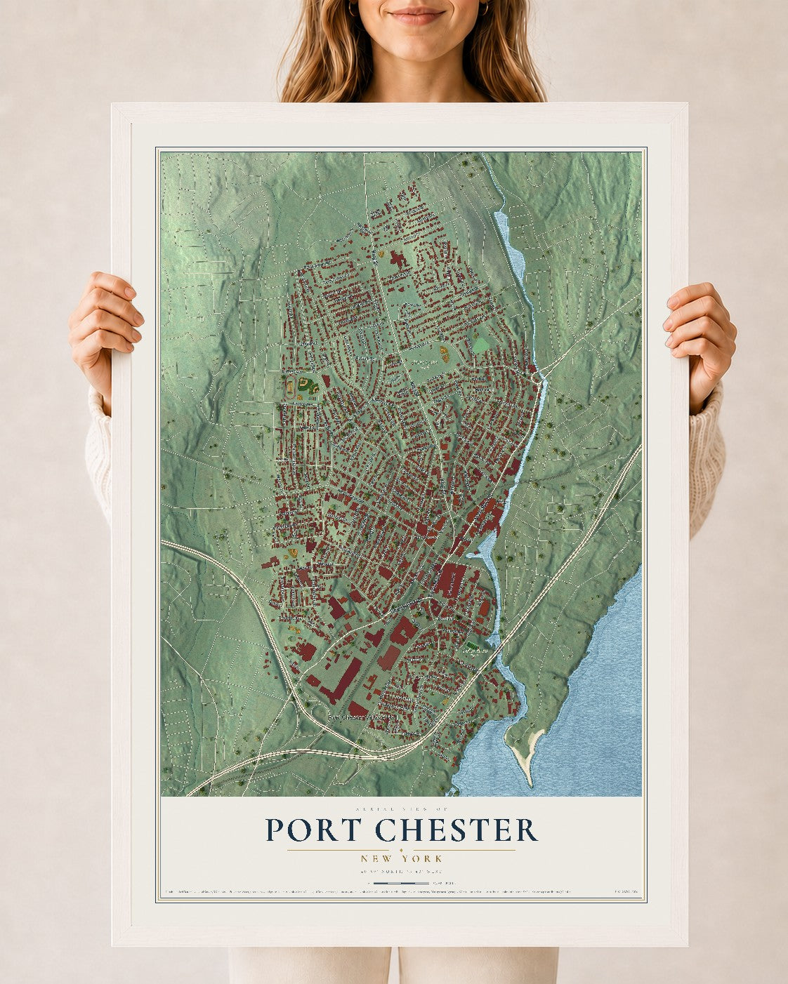 Port Chester, New York map print, 24" x 36" W/ White Ayous Wood Frame mockup