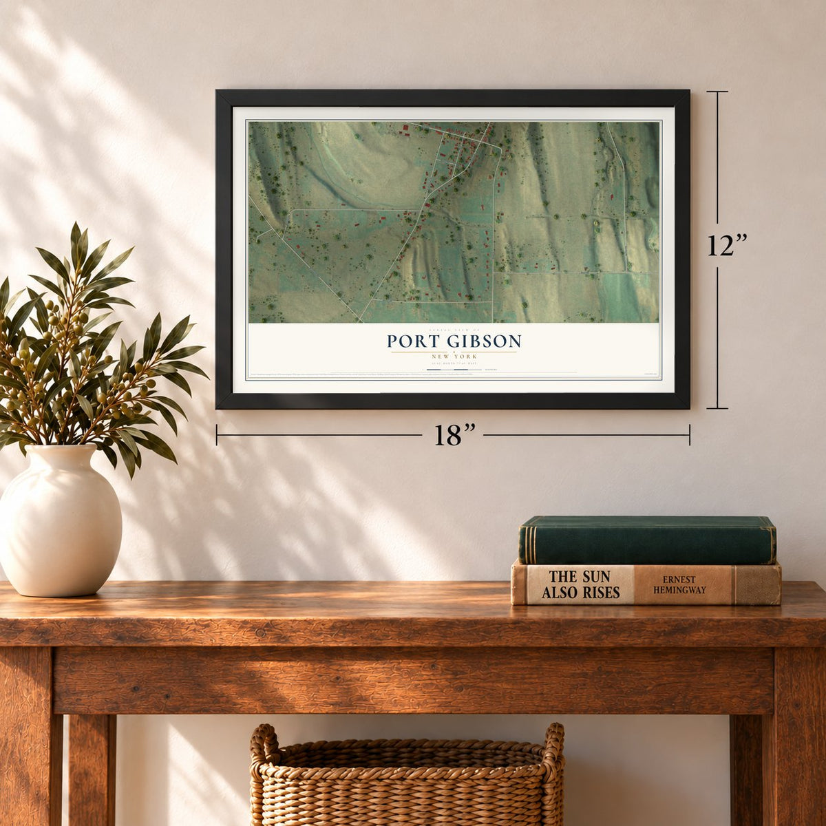 Port Gibson, New York map, 12 x 18 inch print in a black frame in an entryway