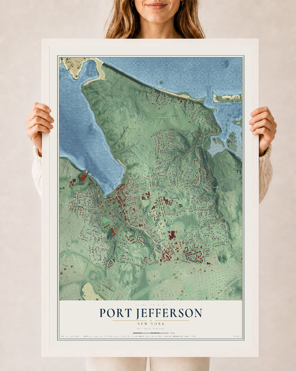 Port Jefferson, New York map print, 24" x 36" W/ White Ayous Wood Frame mockup