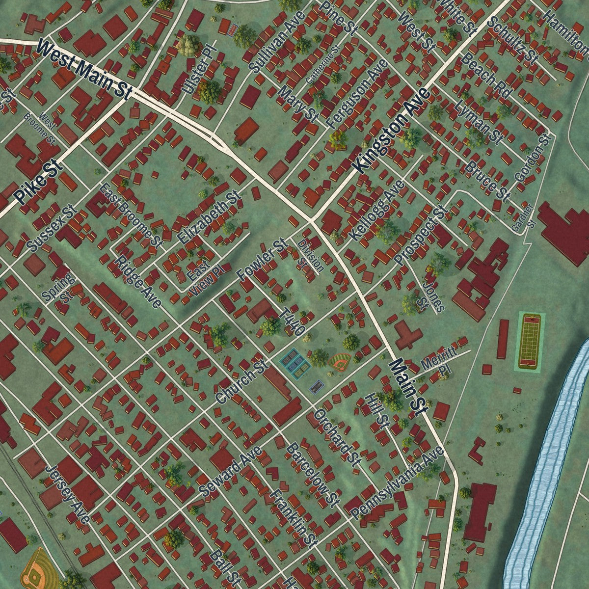 Close-up of the map of Port Jervis, New York print showing street and building detail