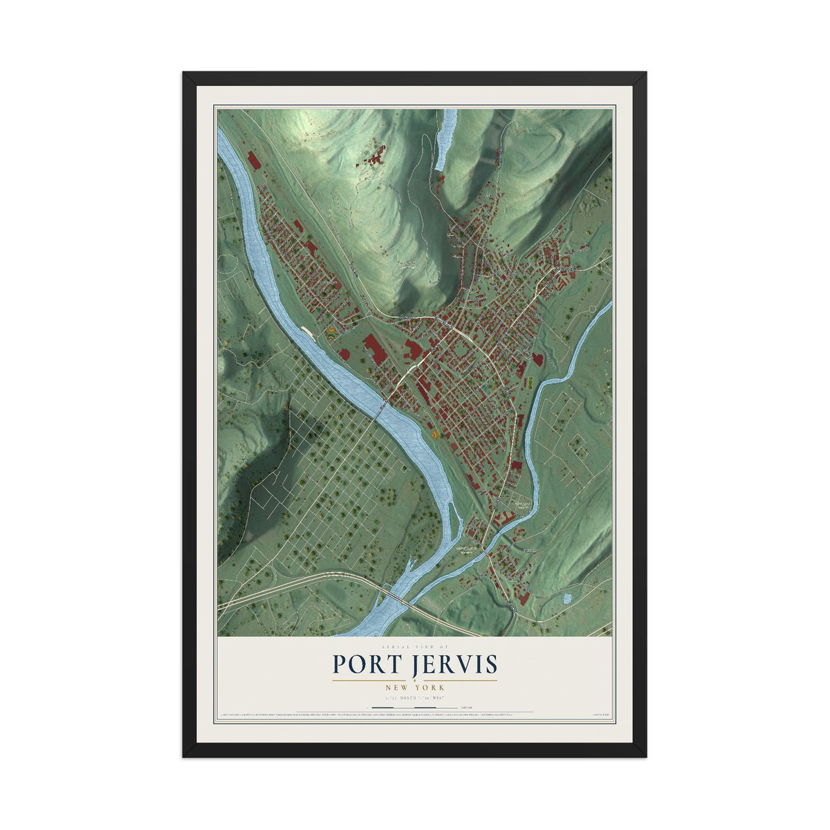 Map of Port Jervis, New York, 12 x 18 inch print in a black wood frame