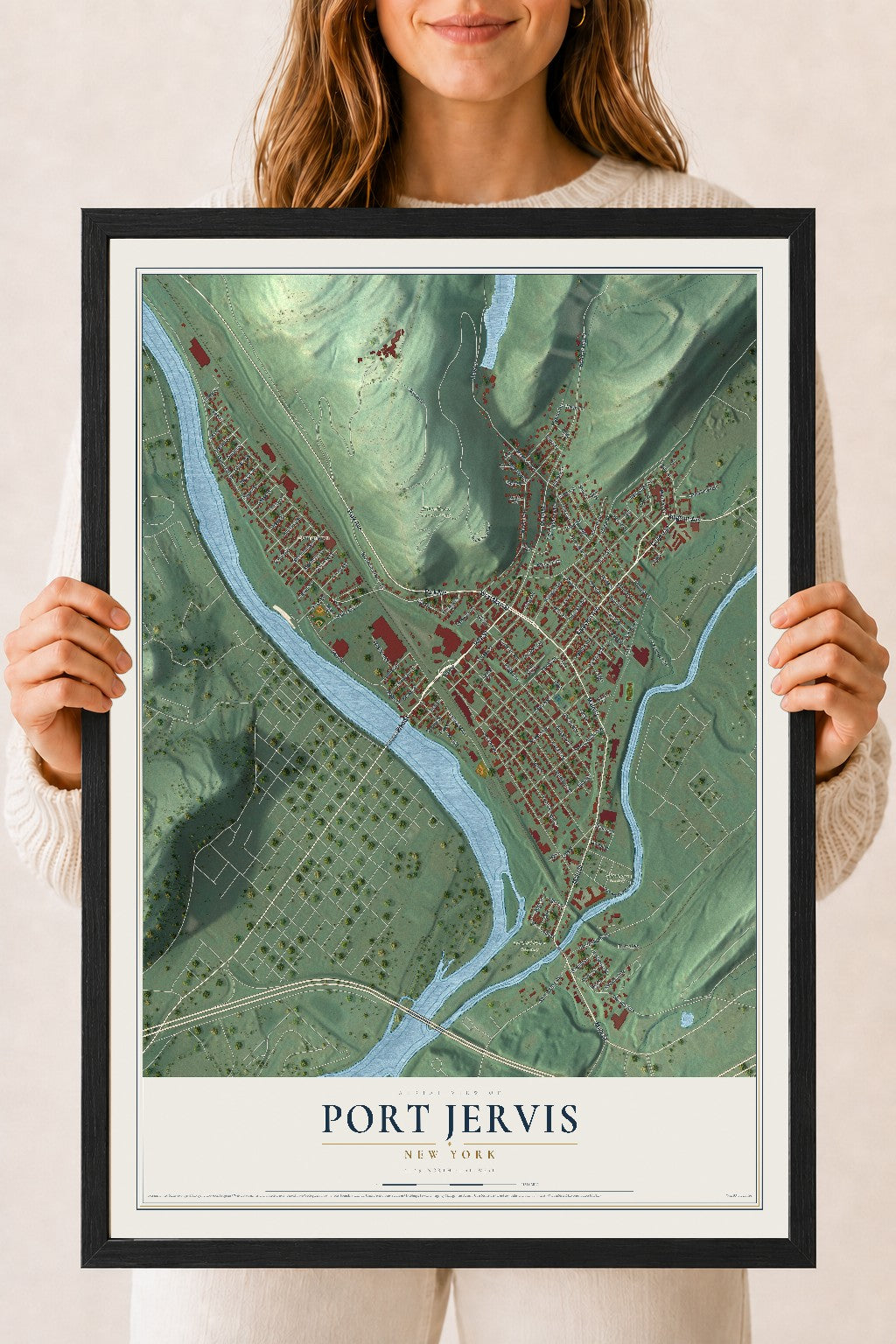 Map of Port Jervis, New York, 18 x 24 inch print in a black wood frame