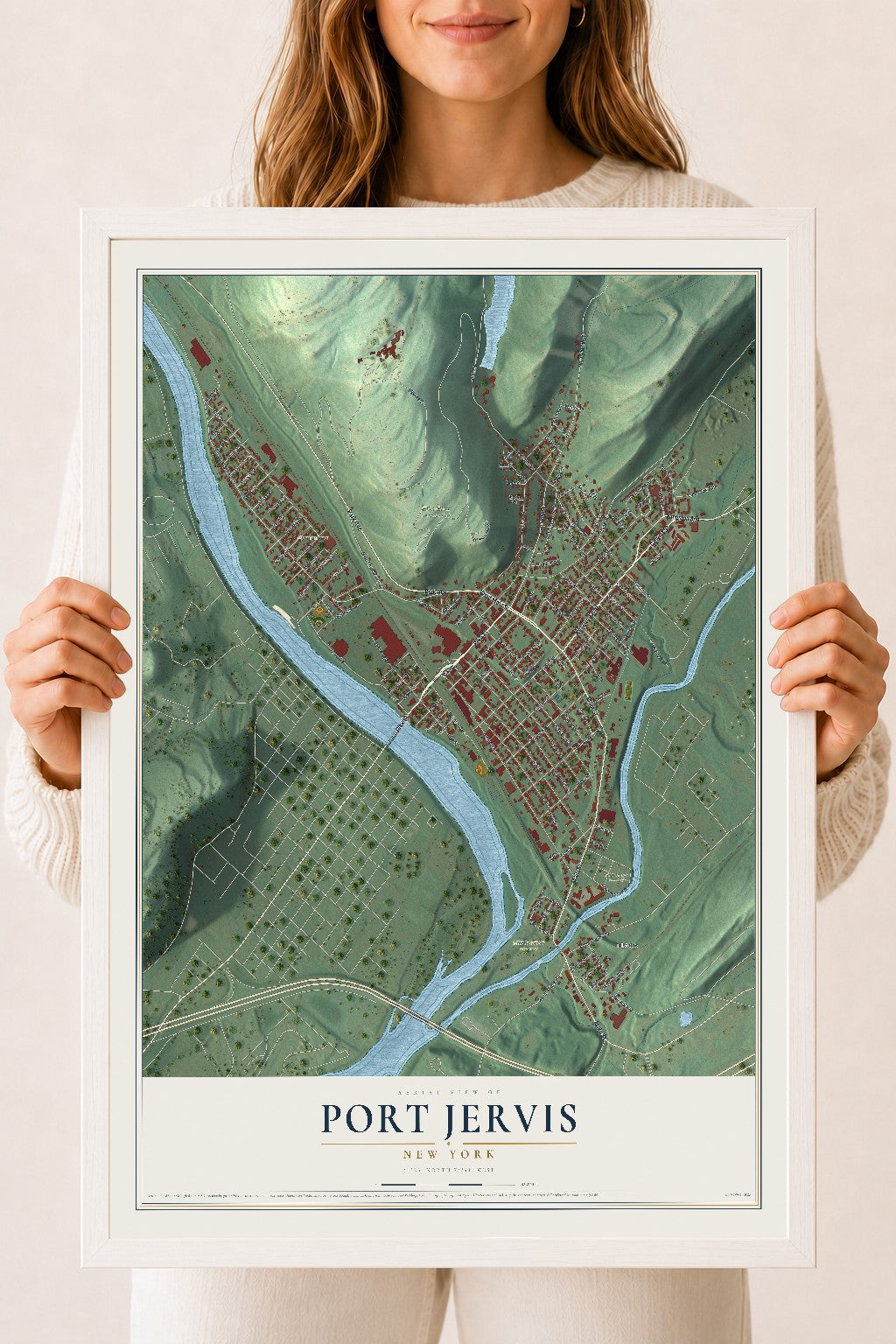 Map of Port Jervis, New York, 18 x 24 inch print in a white wood frame
