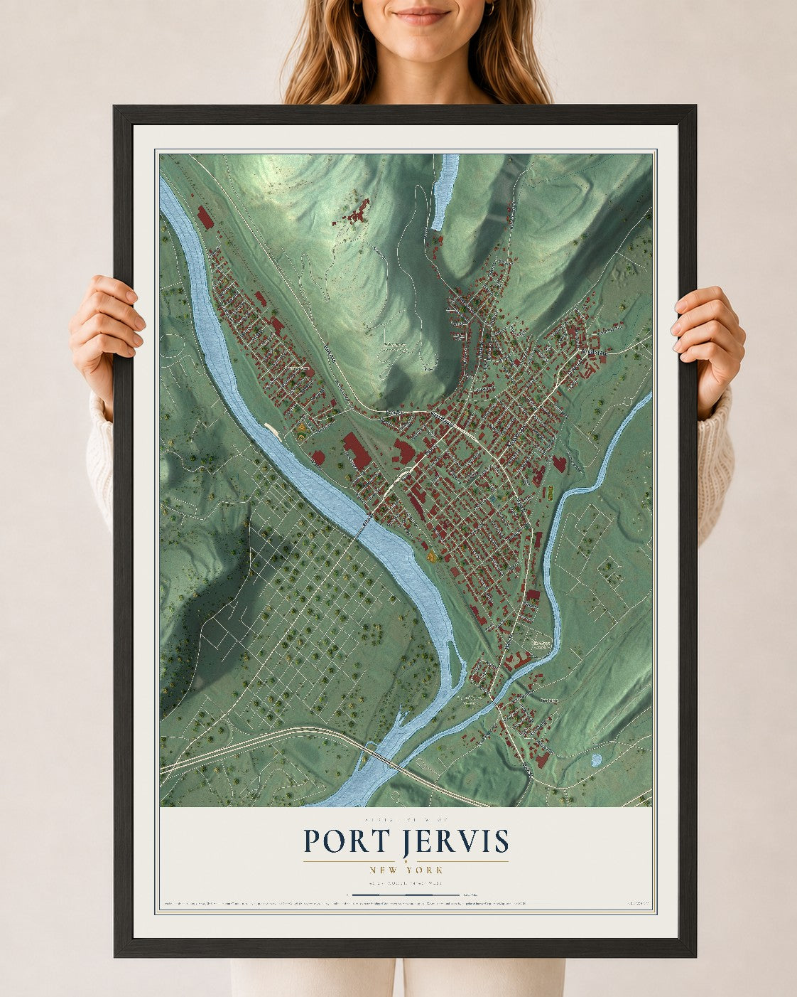 Map of Port Jervis, New York, 24 x 36 inch print in a black wood frame