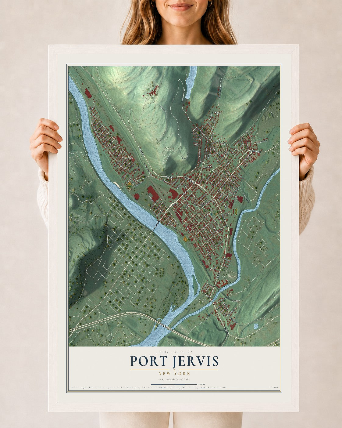 Map of Port Jervis, New York, 24 x 36 inch print in a white wood frame