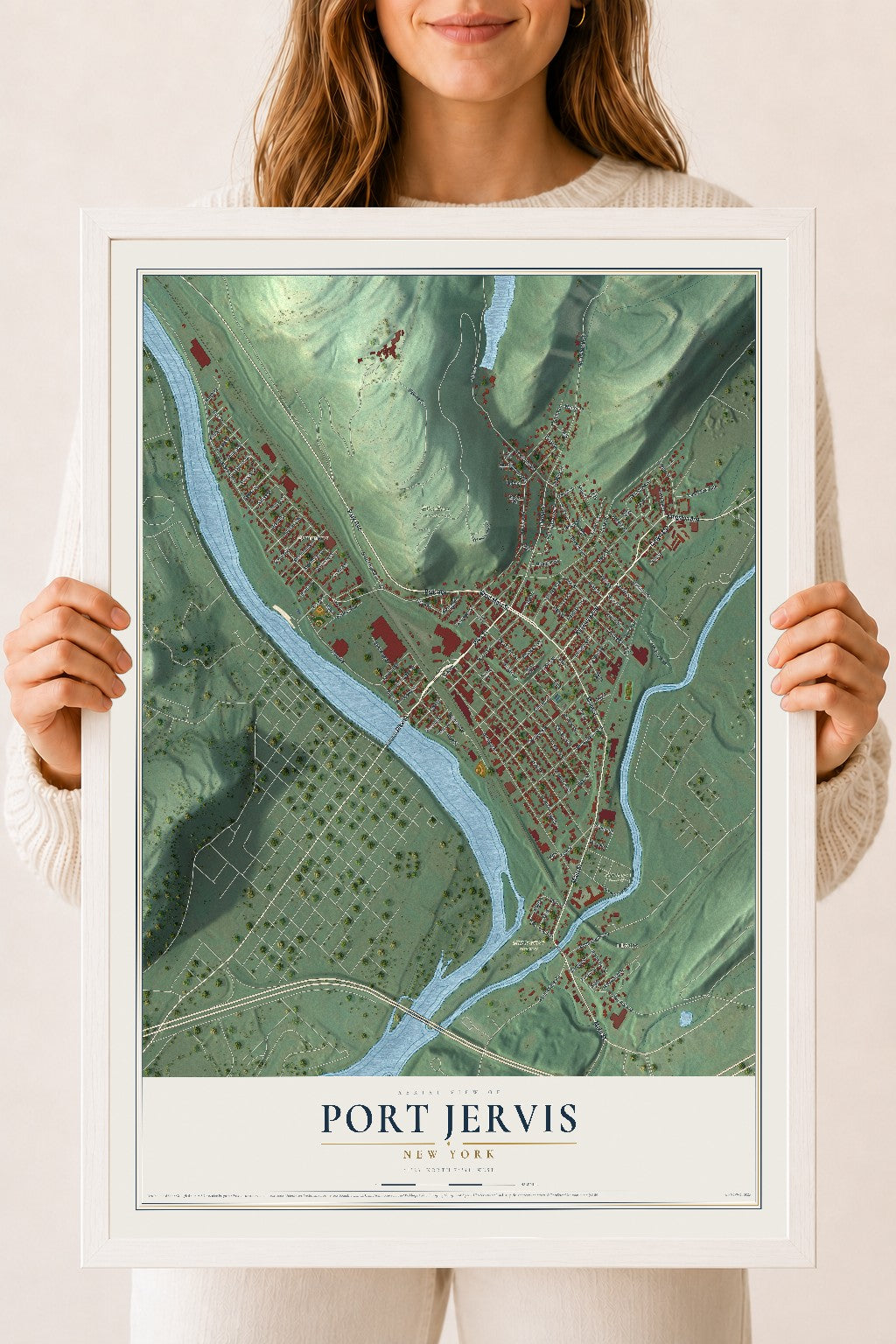 Port Jervis, New York map print, 18" x 24" W/ White Ayous Wood Frame mockup