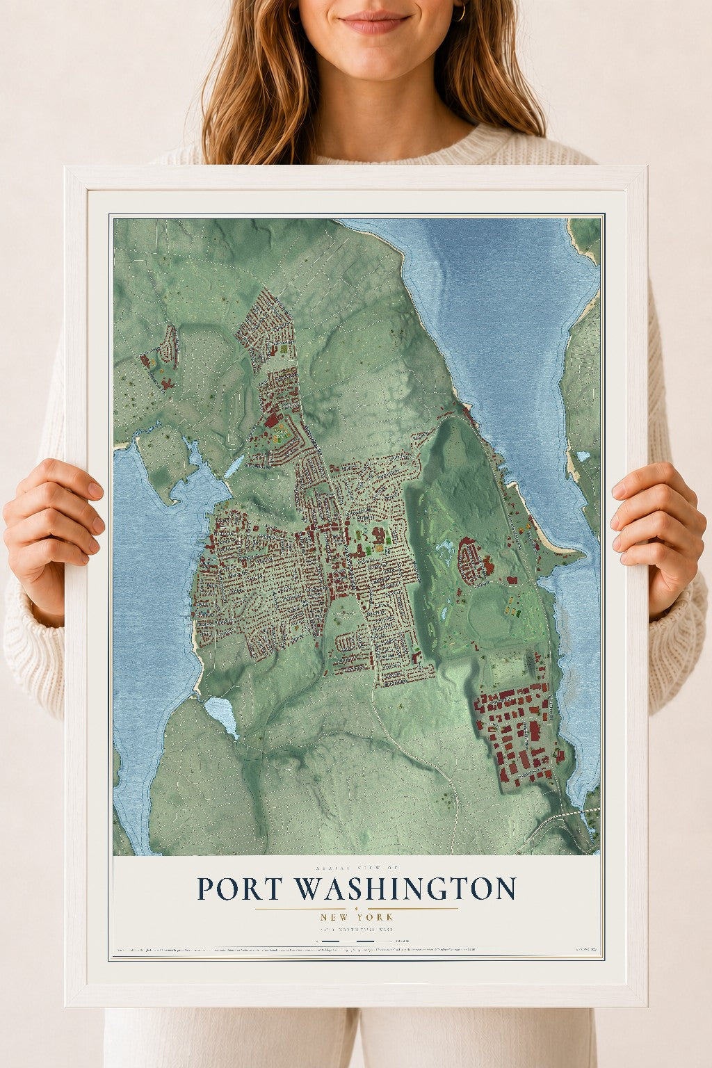 Port Washington, New York map print, 18" x 24" W/ White Ayous Wood Frame mockup