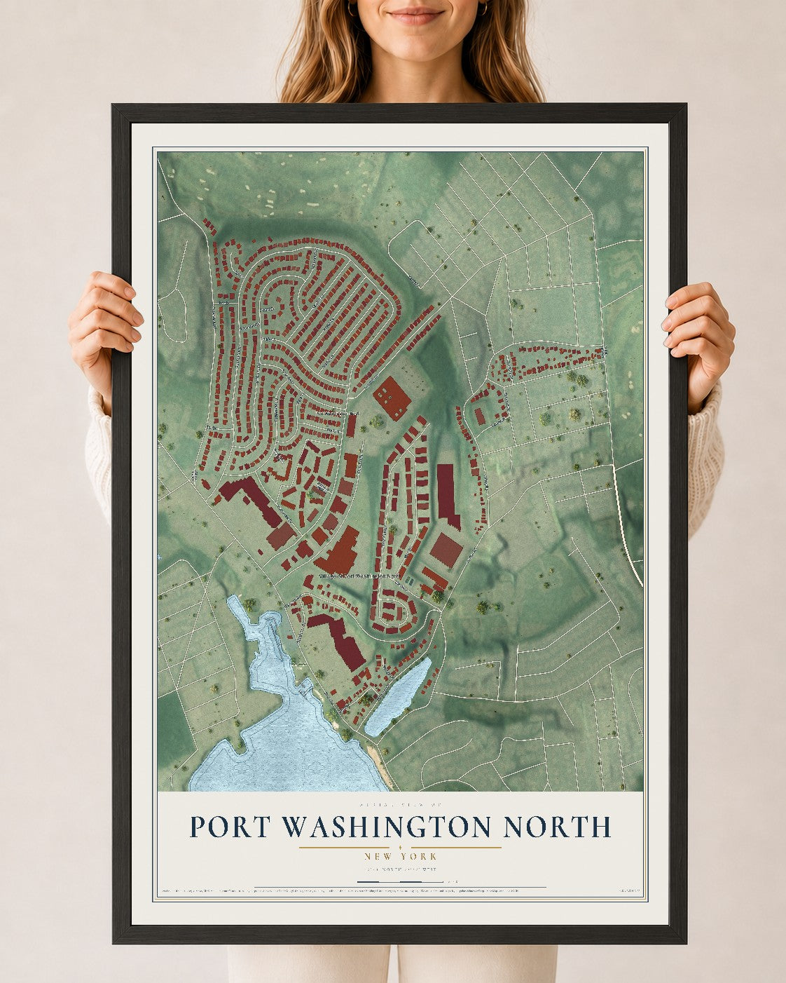 Port Washington North, New York map print, 24" x 36" W/ Black Ayous Wood Frame mockup