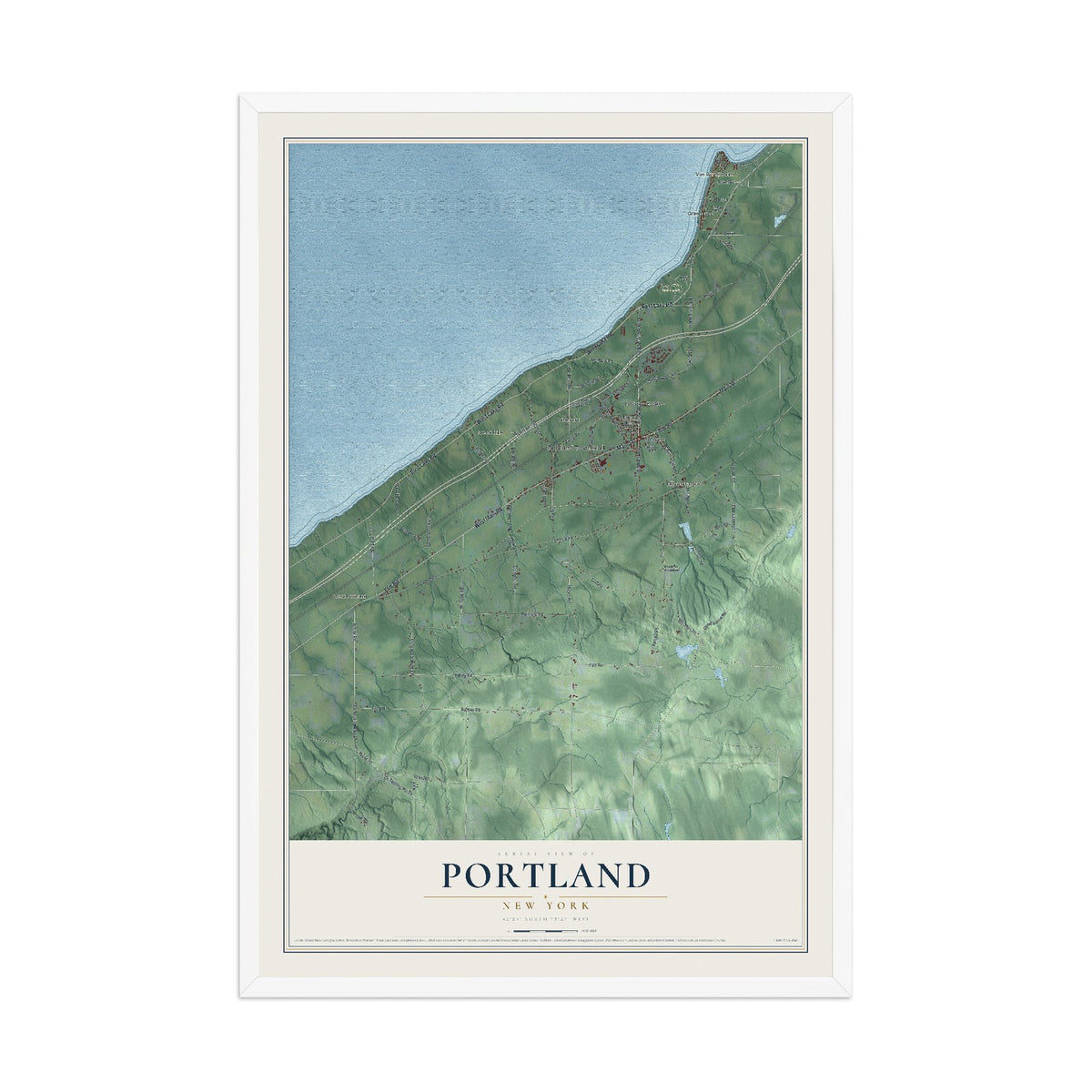Portland, New York map print, 12" x 18" W/ White Ayous Wood Frame mockup