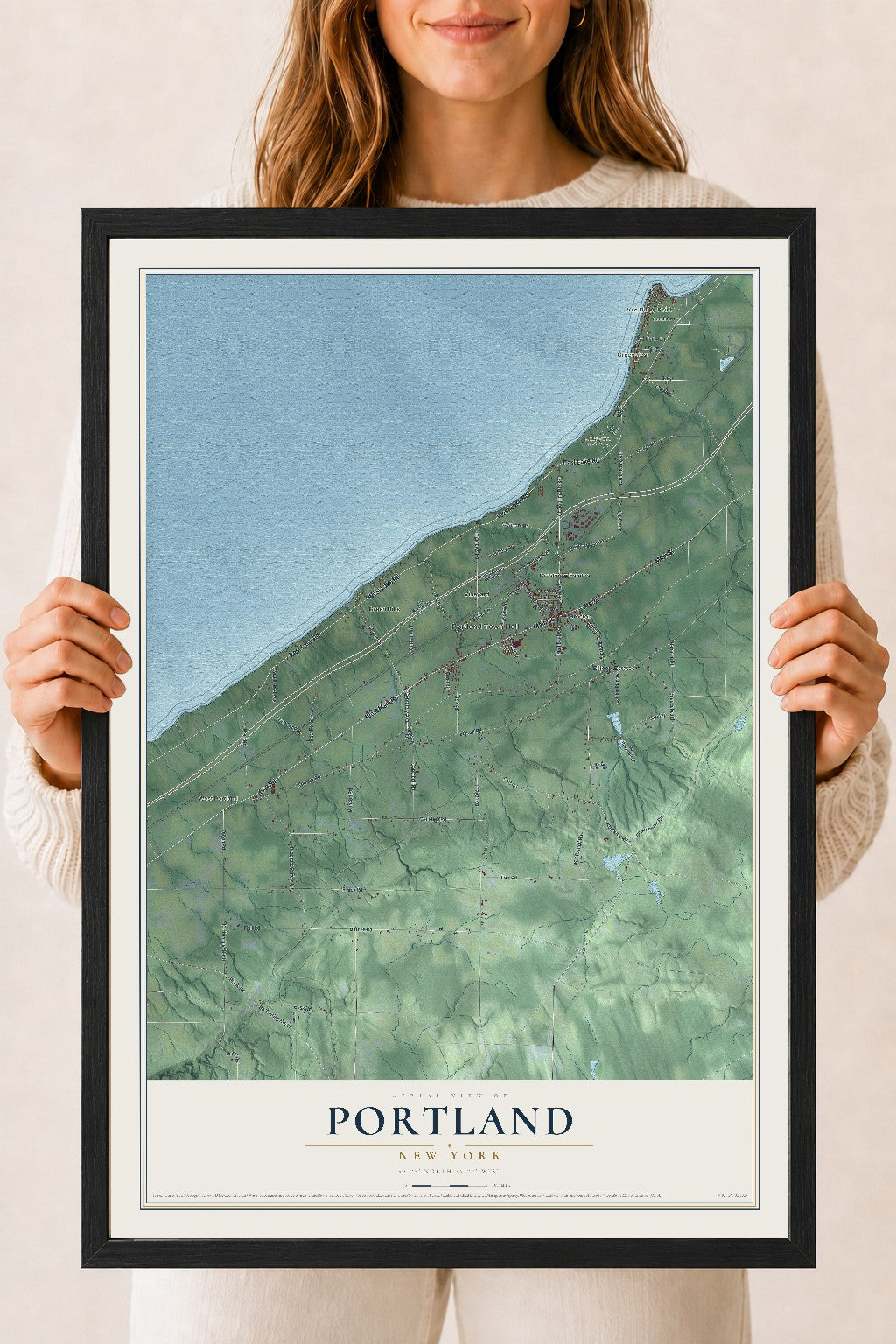 Portland, New York map print, 18" x 24" W/ Black Ayous Wood Frame mockup