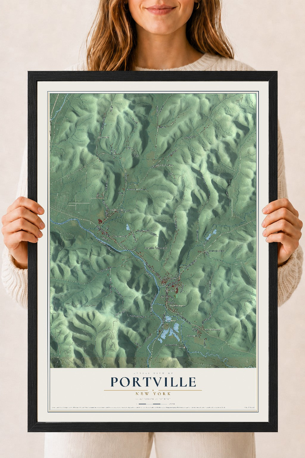 Portville, New York map print, 18" x 24" W/ Black Ayous Wood Frame mockup