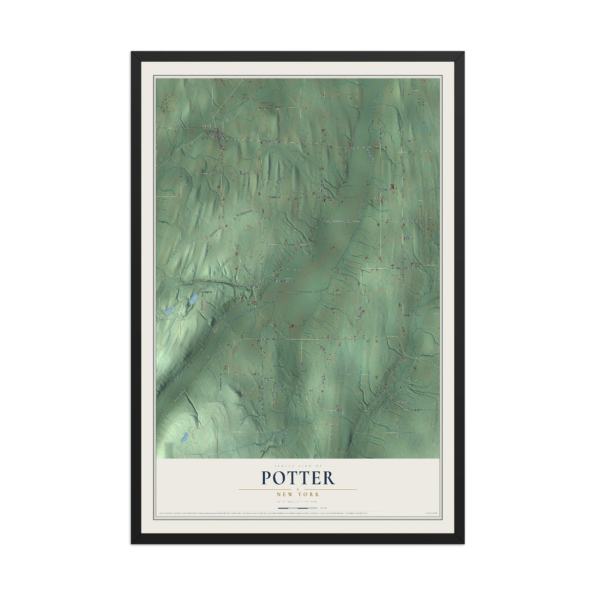 Potter, New York map print, 12" x 18" W/ Black Ayous Wood Frame mockup