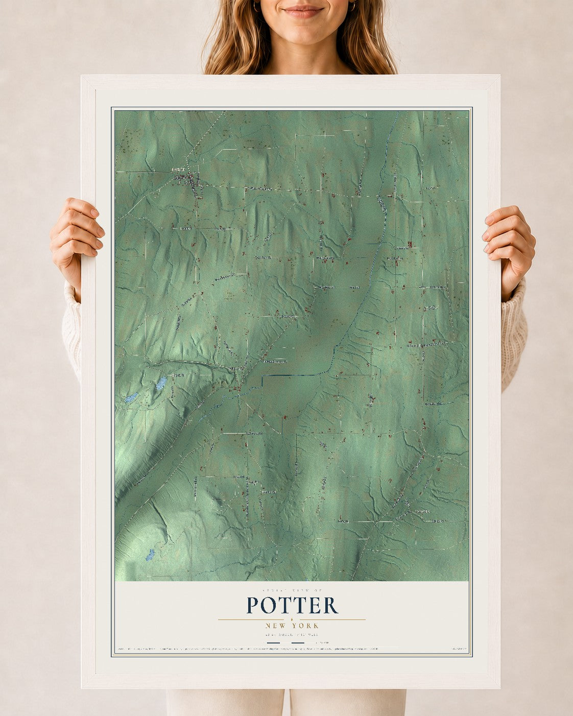 Potter, New York map print, 24" x 36" W/ White Ayous Wood Frame mockup