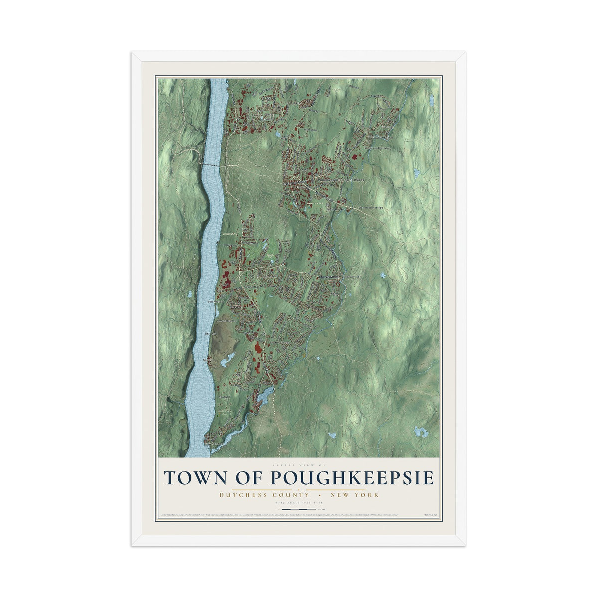 Poughkeepsie, New York map print, 12" x 18" W/ White Ayous Wood Frame mockup