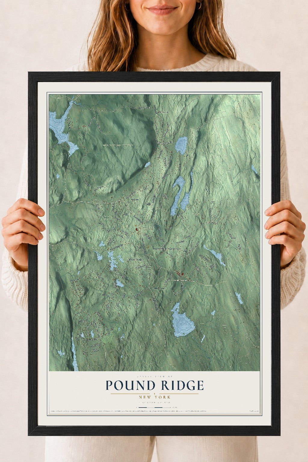 Pound Ridge, New York map print, 18" x 24" W/ Black Ayous Wood Frame mockup