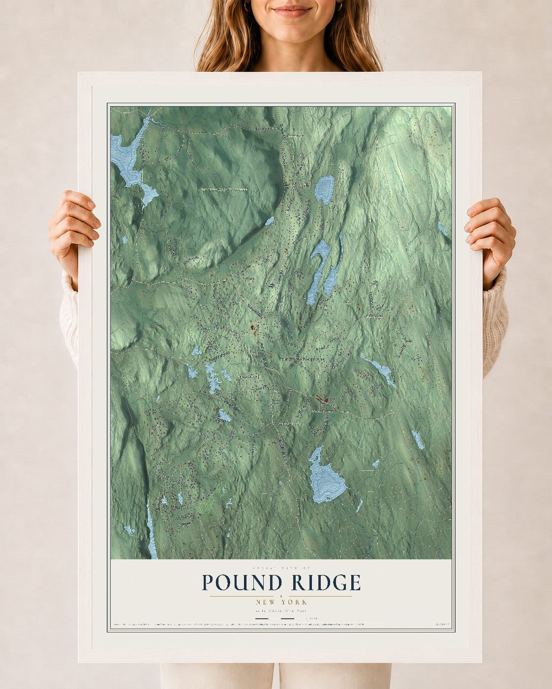 Map of Pound Ridge, New York, 24 x 36 inch print in a white wood frame