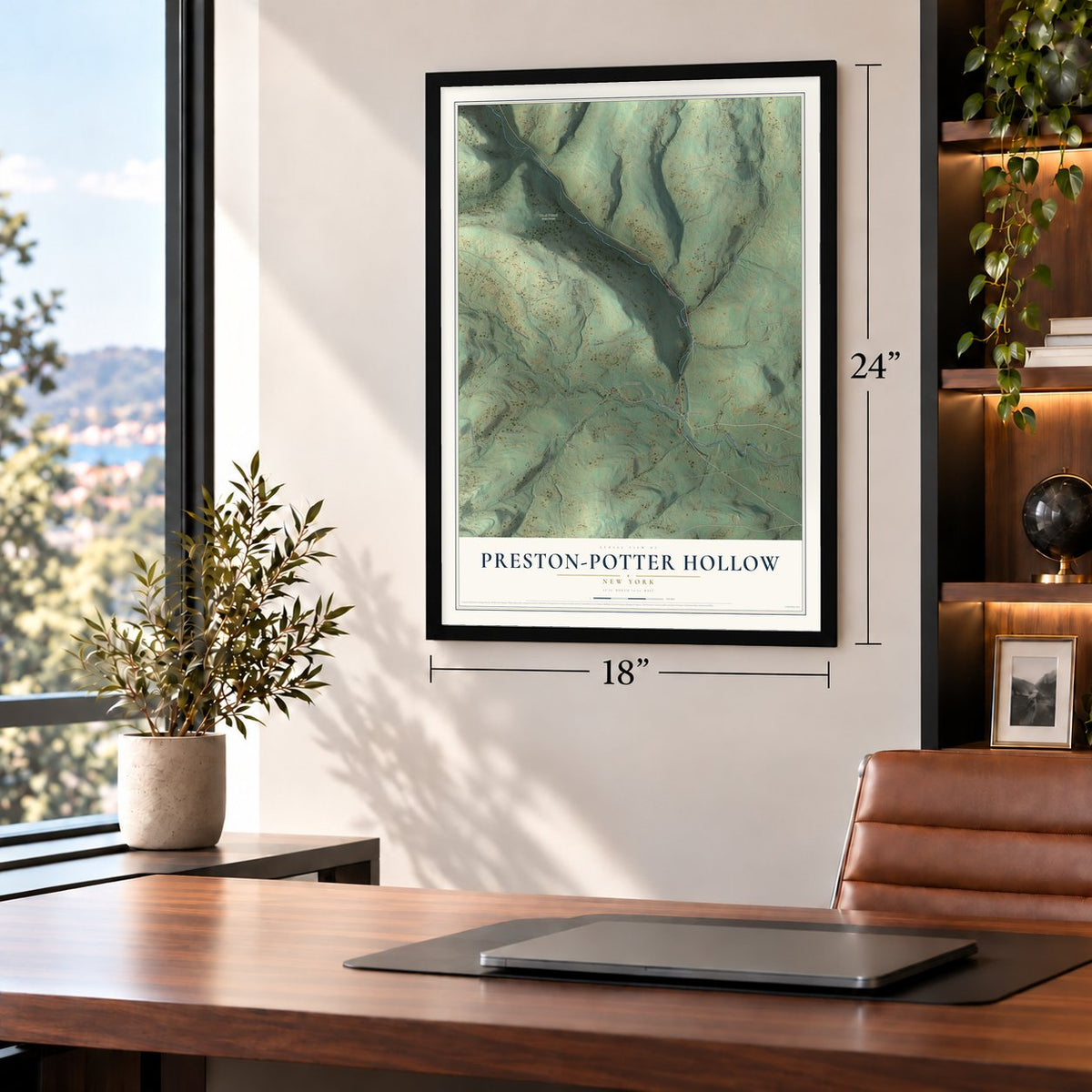 Preston-Potter Hollow, New York map, 18 x 24 inch print in a black frame in a home office