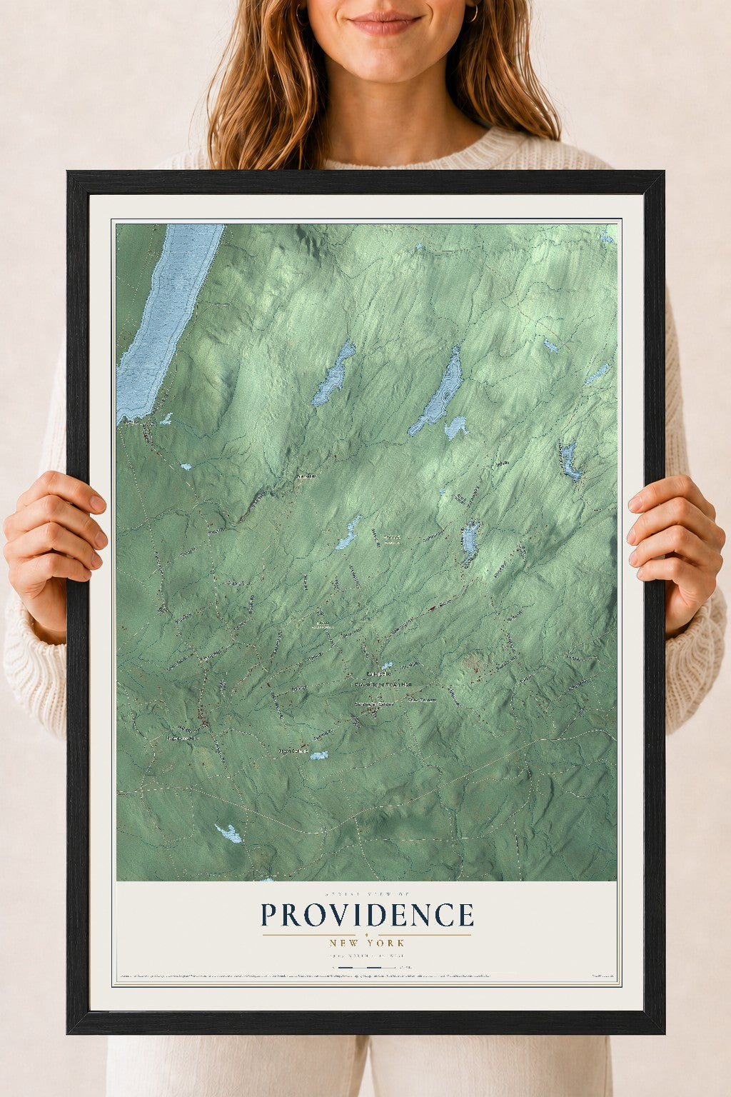 Providence, New York map print, 18" x 24" W/ Black Ayous Wood Frame mockup