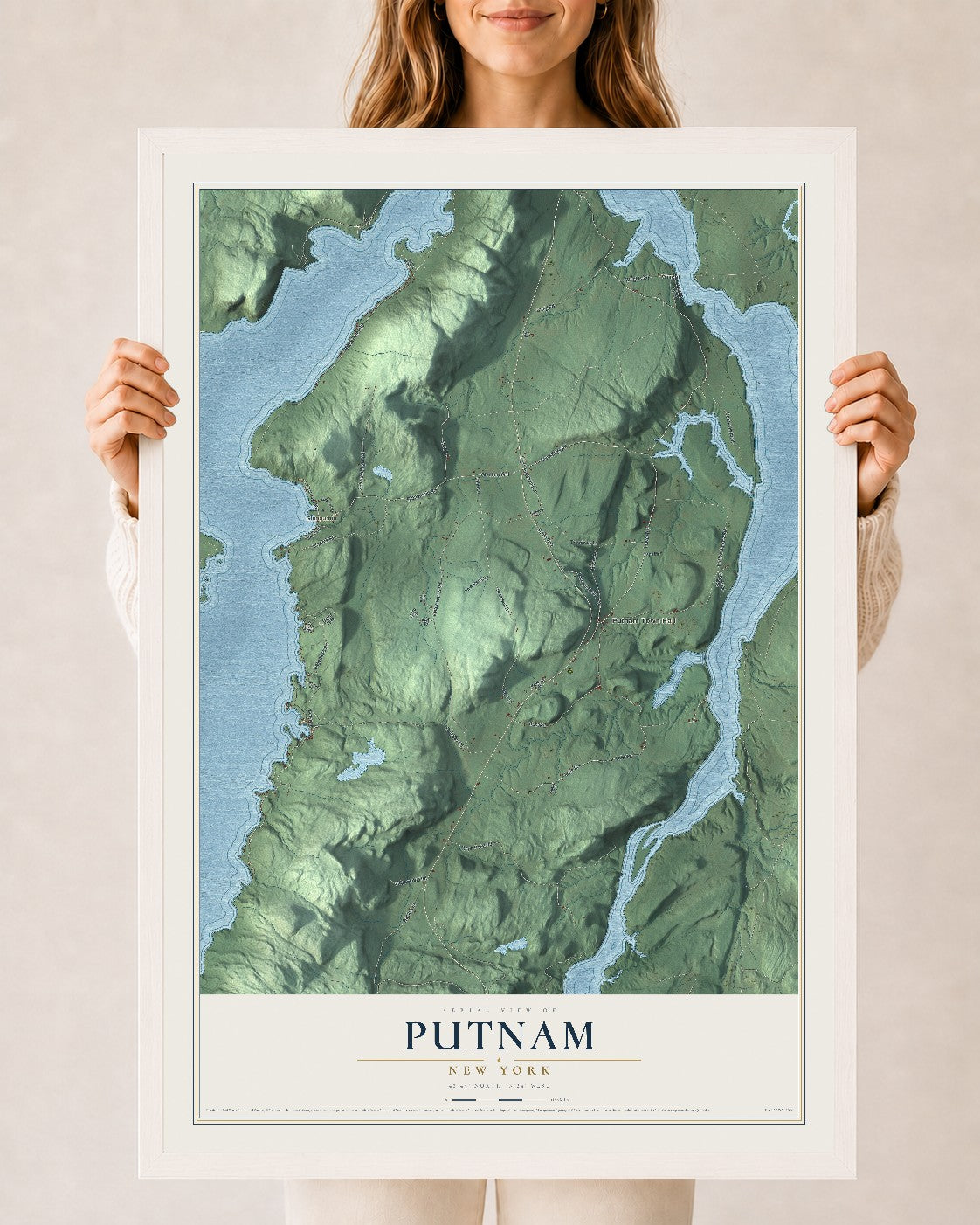 Putnam, New York map print, 24" x 36" W/ White Ayous Wood Frame mockup