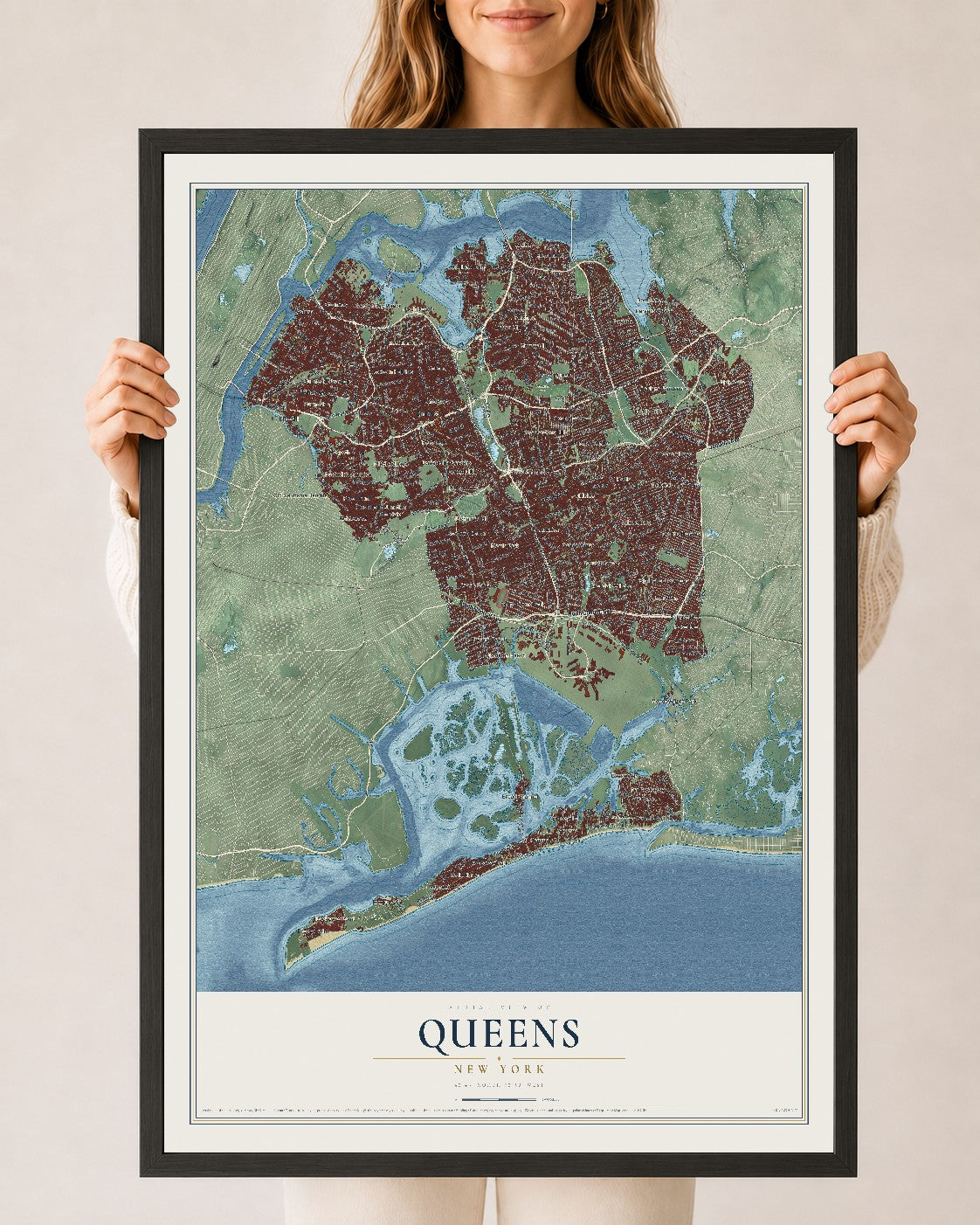 Queens, New York map print, 24" x 36" W/ Black Ayous Wood Frame mockup
