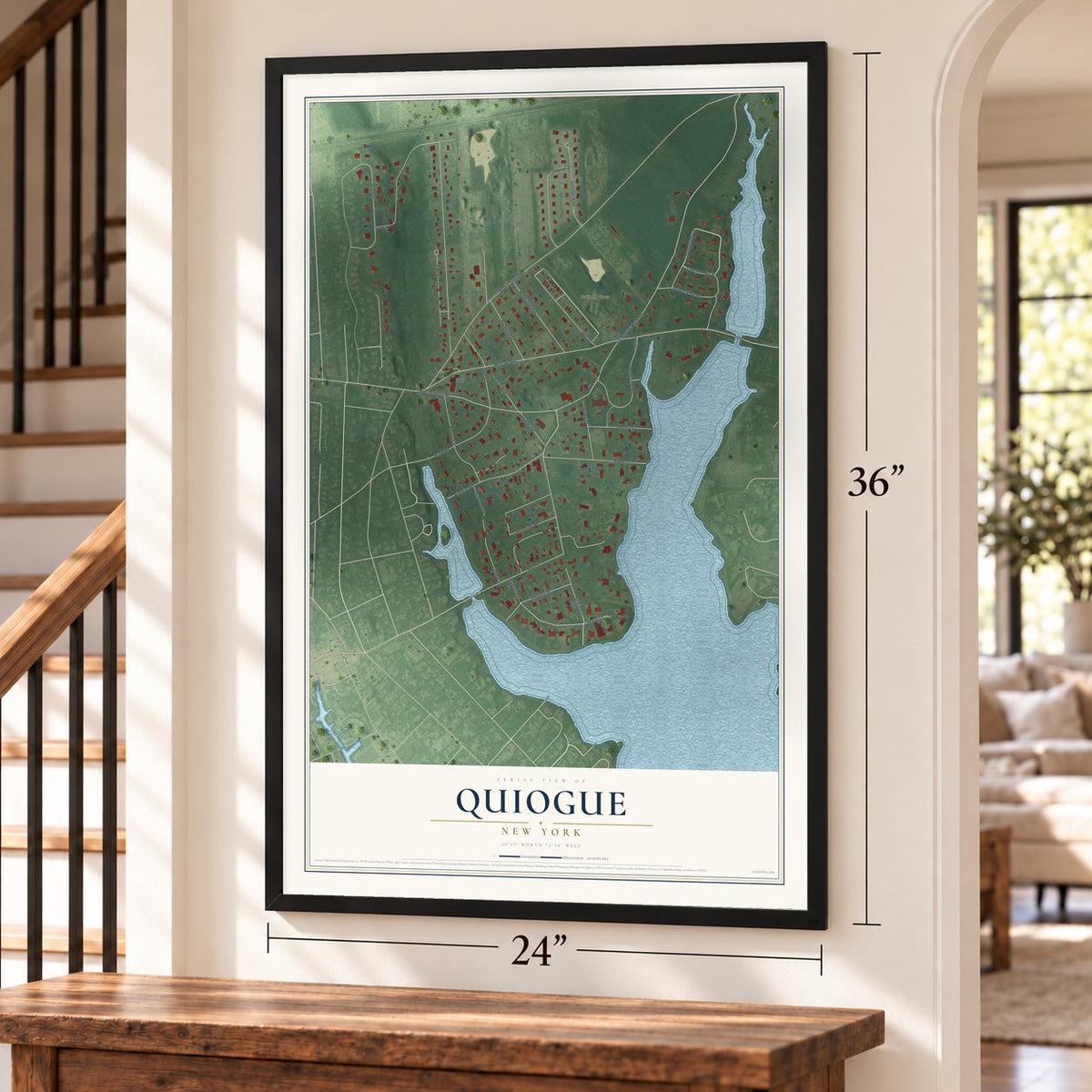 Quiogue, New York map, 24 x 36 inch print in a black frame by a staircase