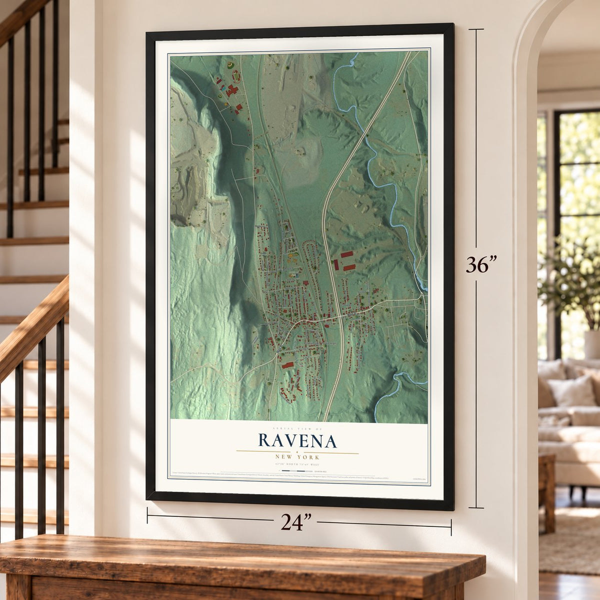 Ravena, New York map, 24 x 36 inch print in a black frame by a staircase