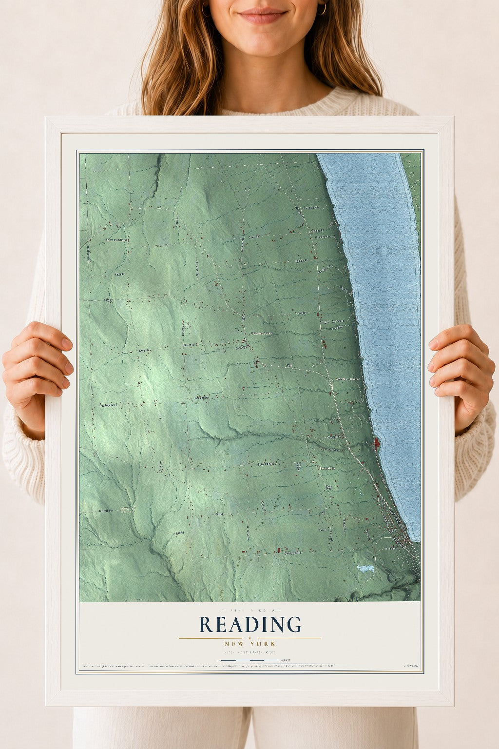 Reading, New York map print, 18" x 24" W/ White Ayous Wood Frame mockup