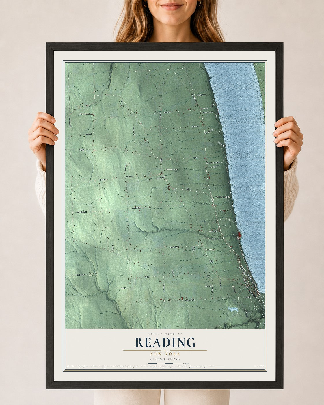 Reading, New York map print, 24" x 36" W/ Black Ayous Wood Frame mockup