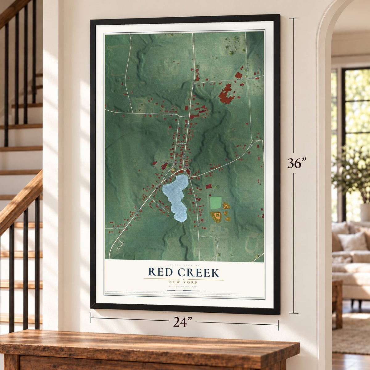 Red Creek, New York map, 24 x 36 inch print in a black frame by a staircase