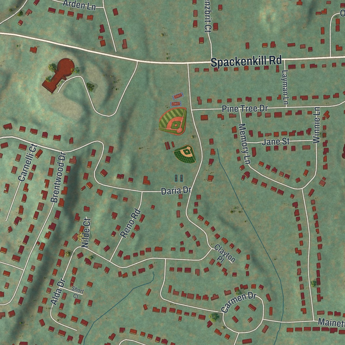 Close-up of the map of Red Oaks Mill, New York print showing street and building detail